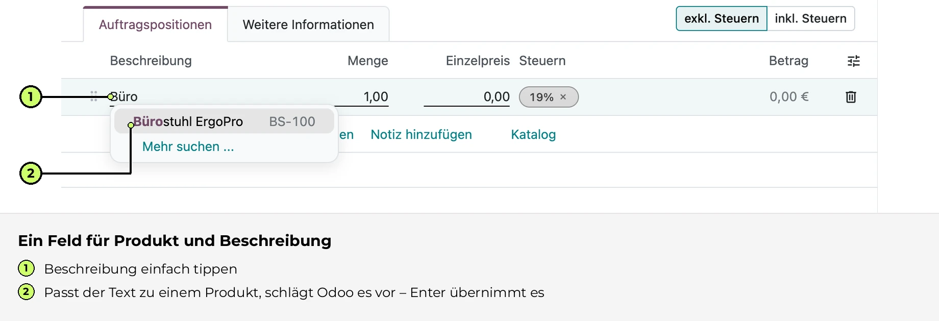 Ein Feld für Produkt und Beschreibung
