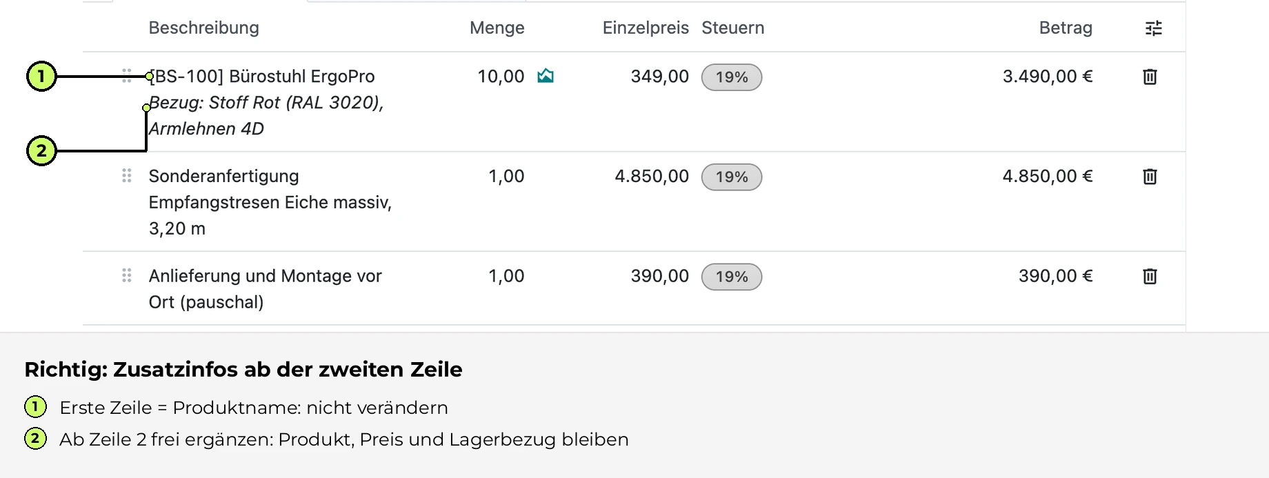 Richtig: Zusatzinfos ab der zweiten Zeile