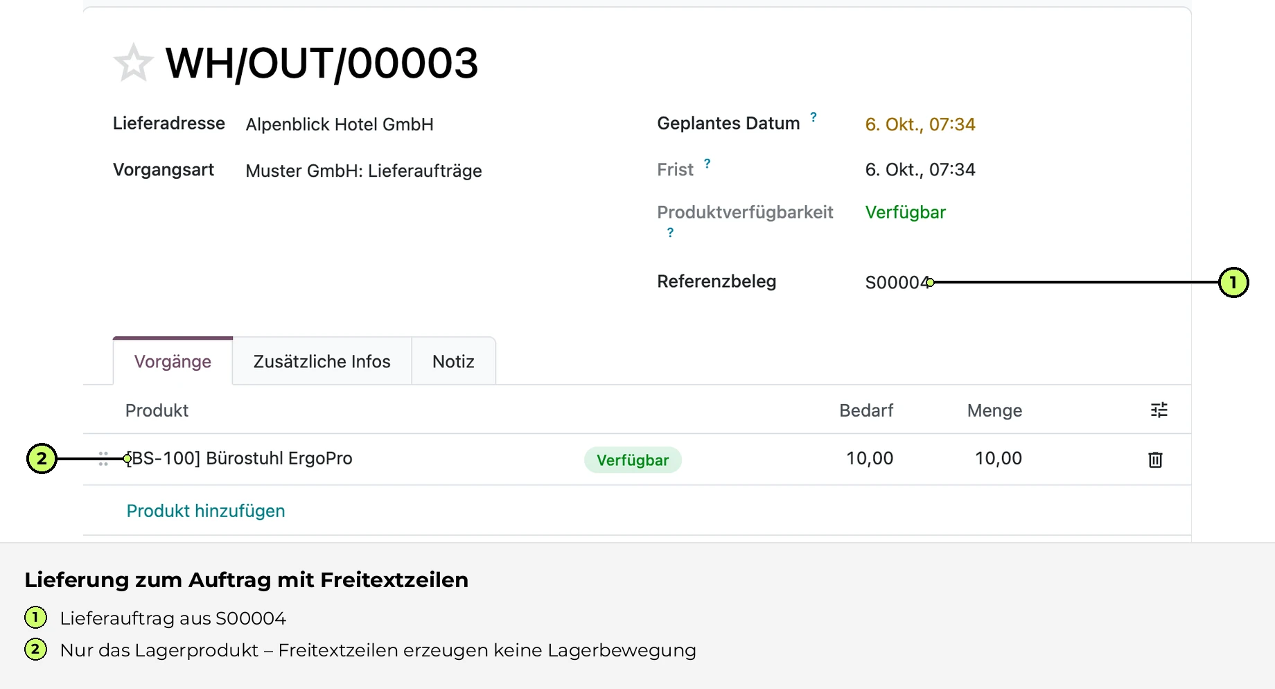 Lieferung zum Auftrag mit Freitextzeilen