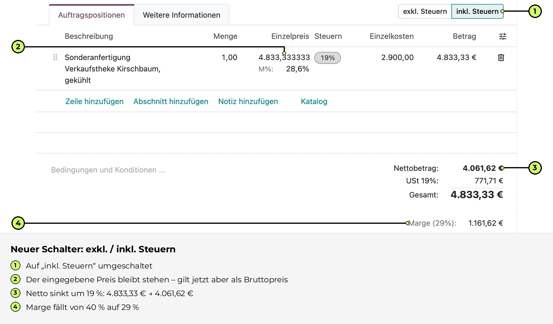 Neuer Schalter: exkl. / inkl. Steuern