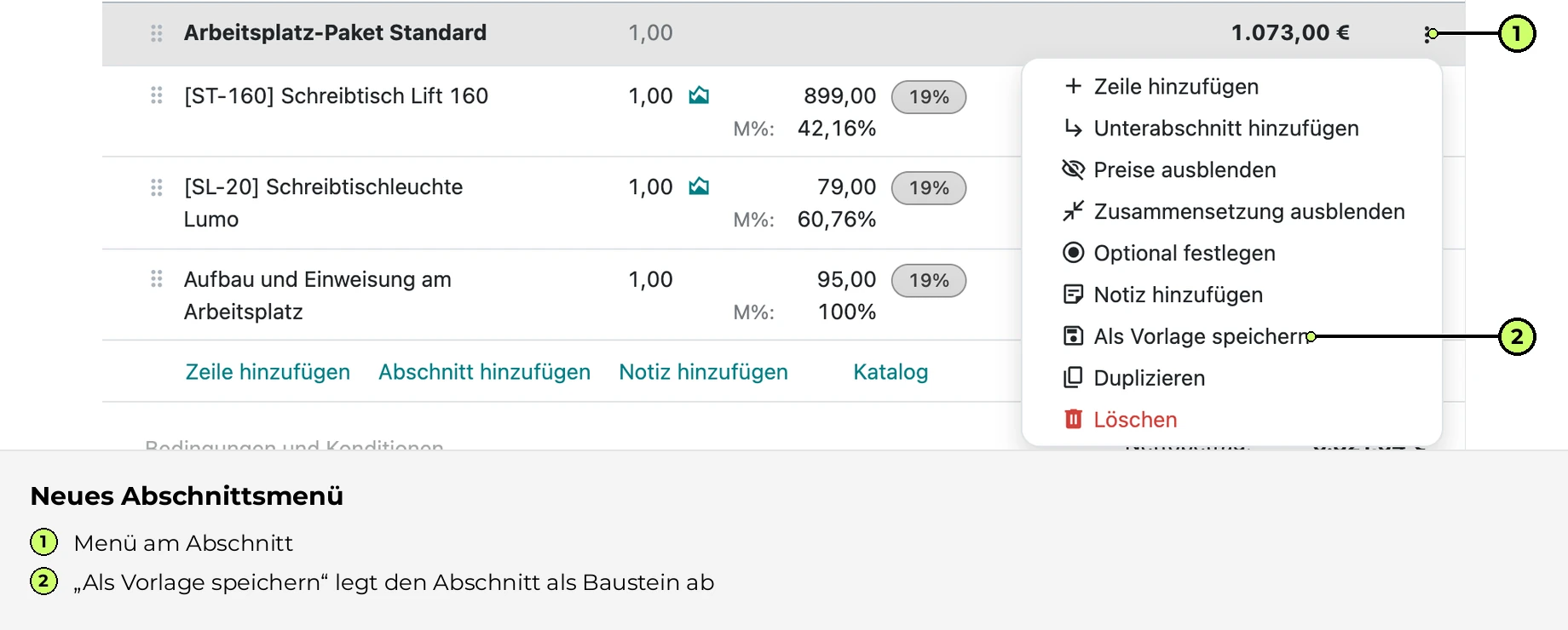 Neues Abschnittsmenü