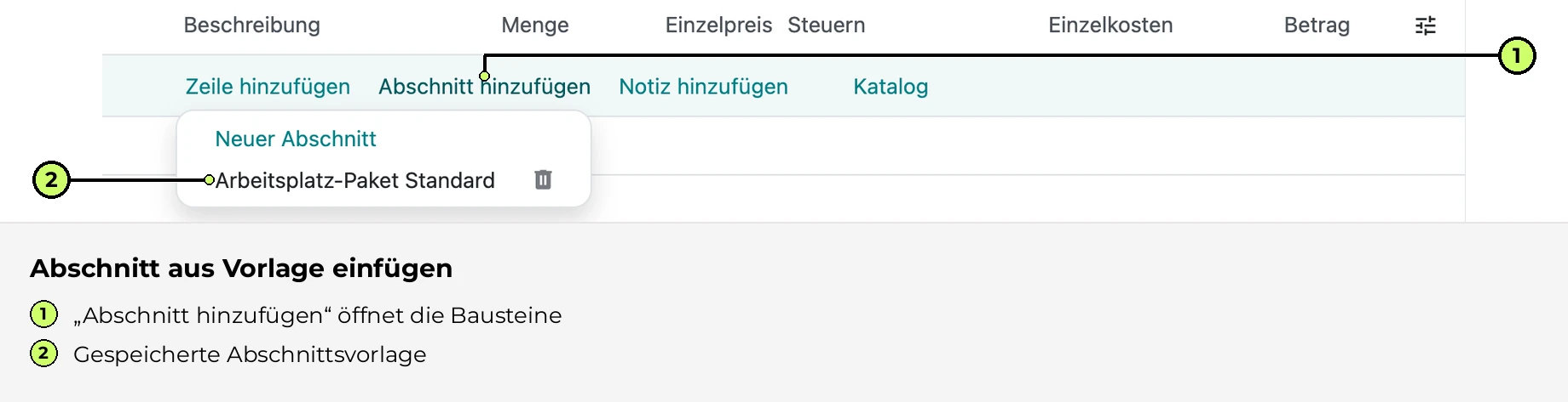 Abschnitt aus Vorlage einfügen